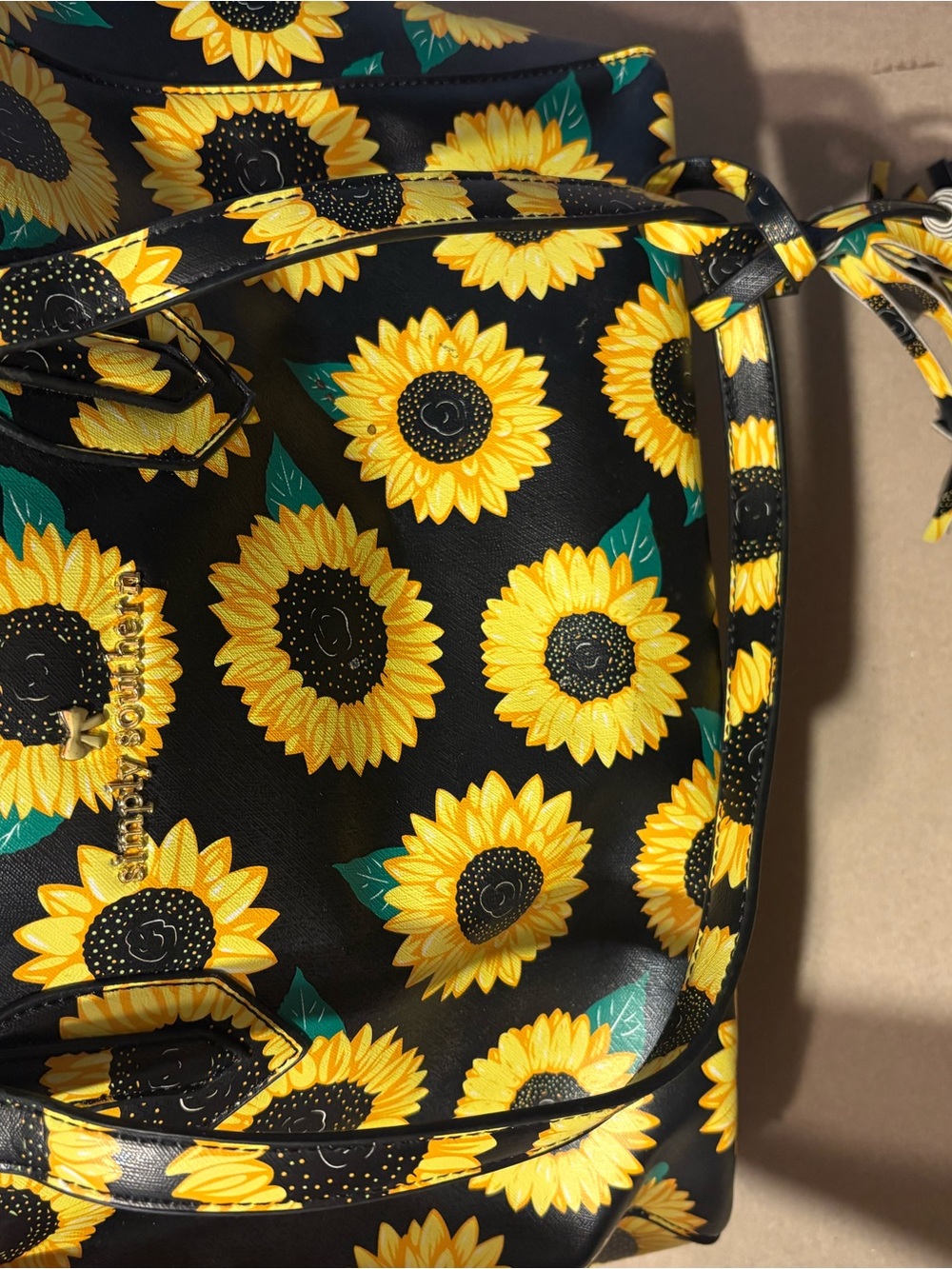 Black Sunflower Print Tote Bag with Gold Logo